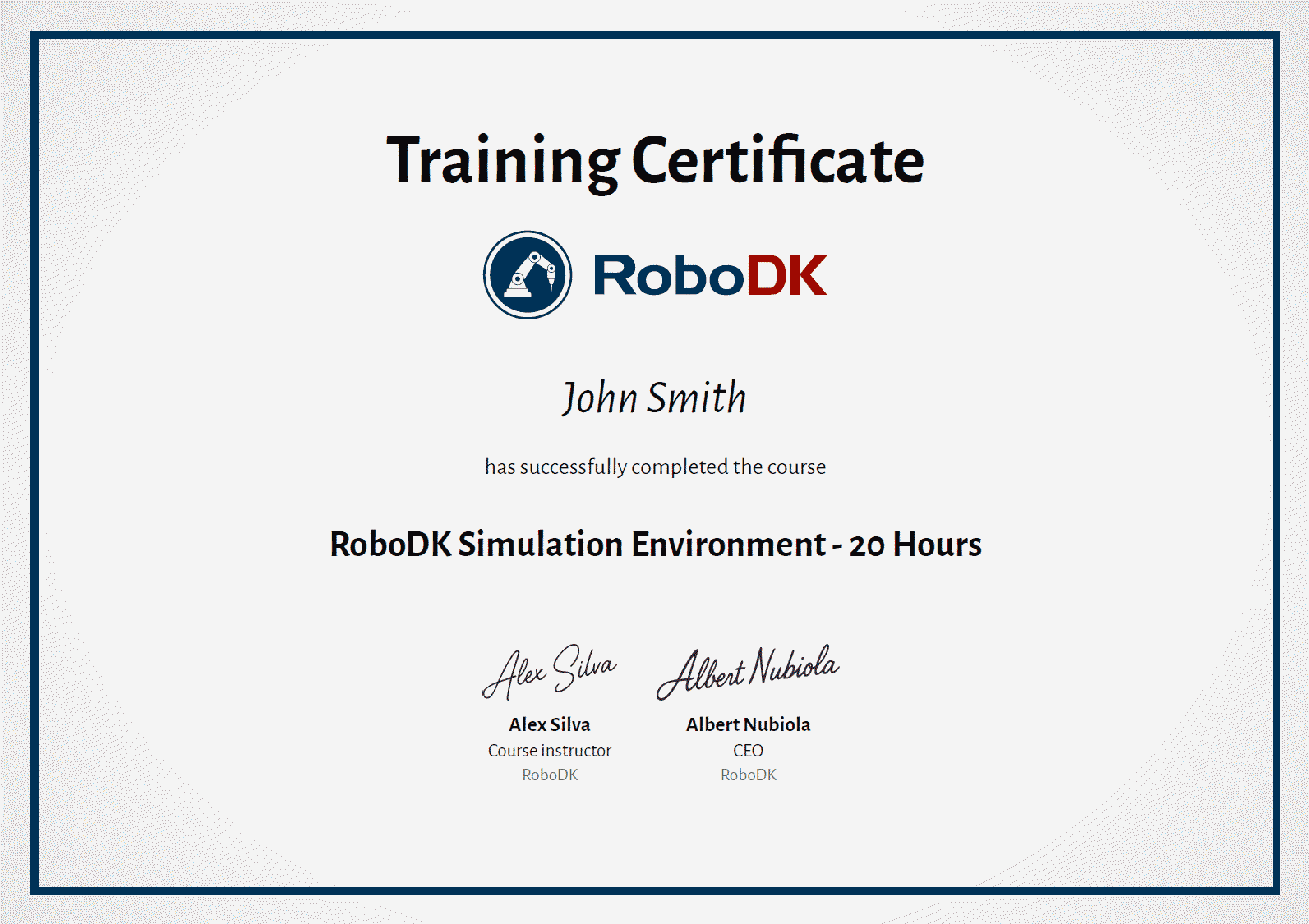 RoboDK Academy Certificate Example