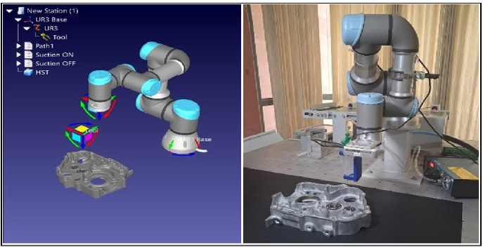 RoboDK simulation next to the physical UR3 robot performing an AI-guided gluing application